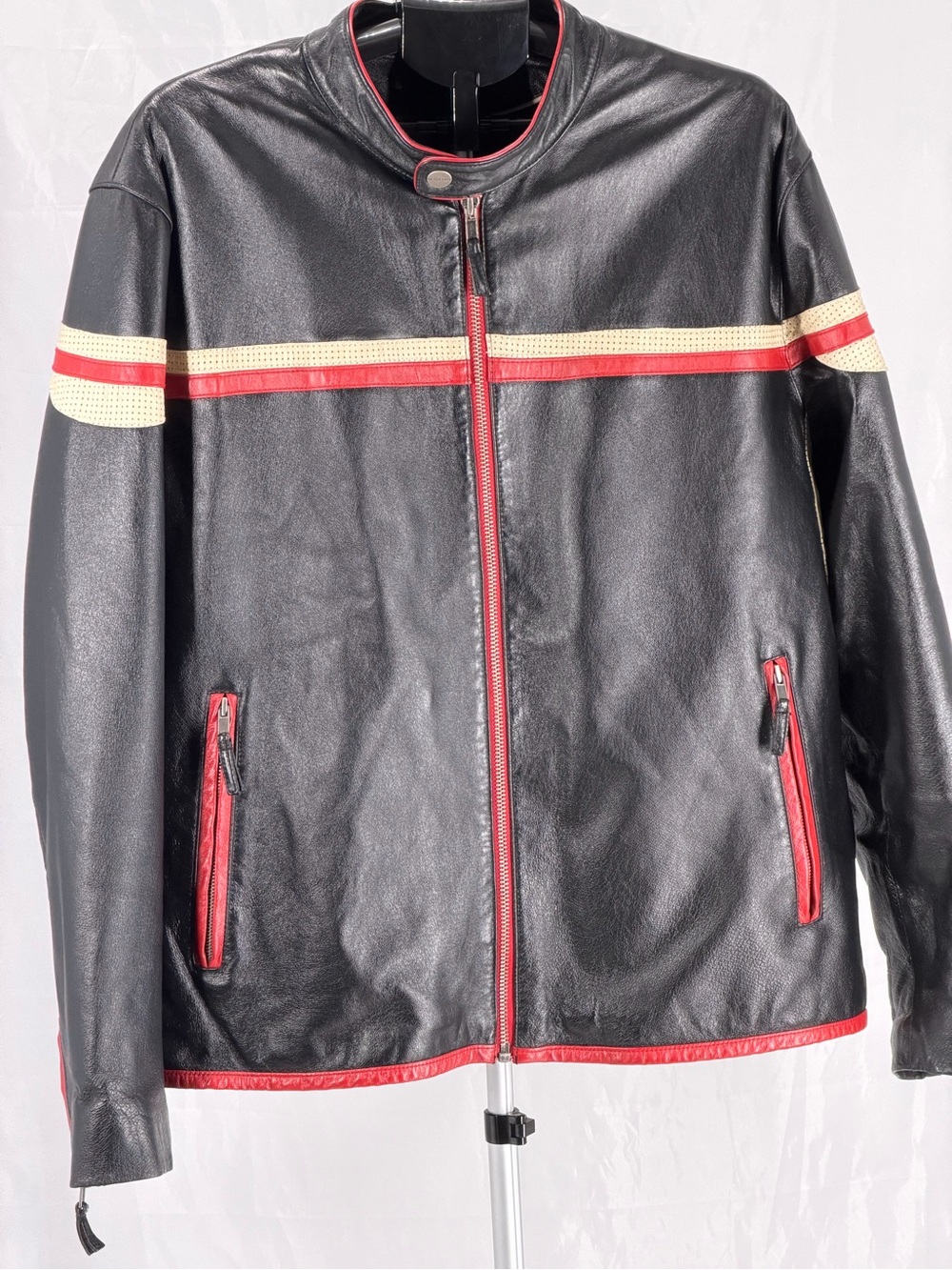 Wilson’s Vintage Black Red & Cream Racing Stripes Moto Retro Leather Men XLG